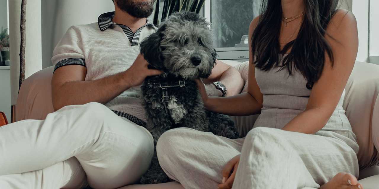 kaksi henkilöä ja koira sohvalla.