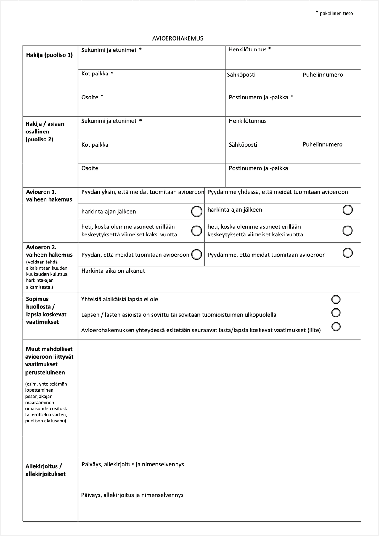 Tyhjä avioerohakemus 