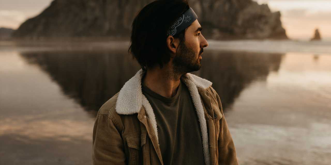 Henkilö rannalla, kallioita taustalla. 