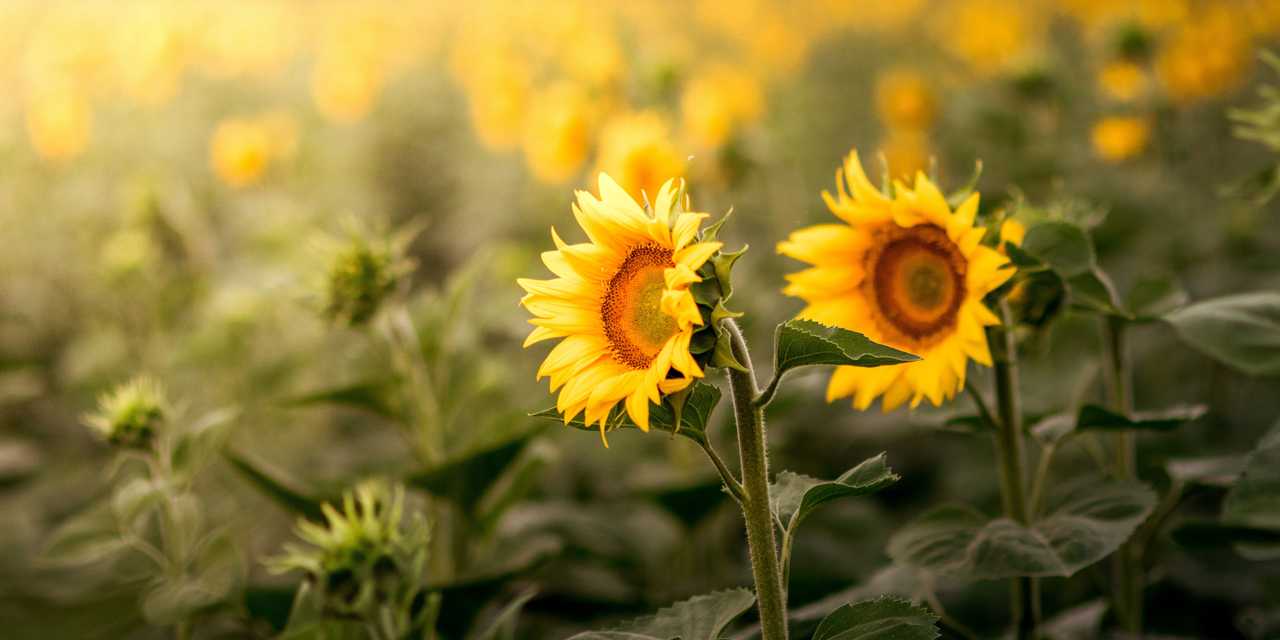 Kaksi auringonkukkaa kedolla.