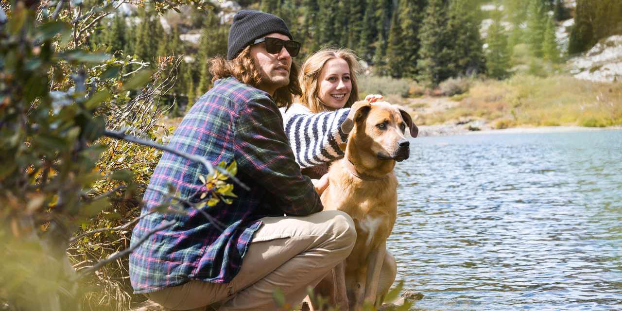 Ett par med en hund i naturen