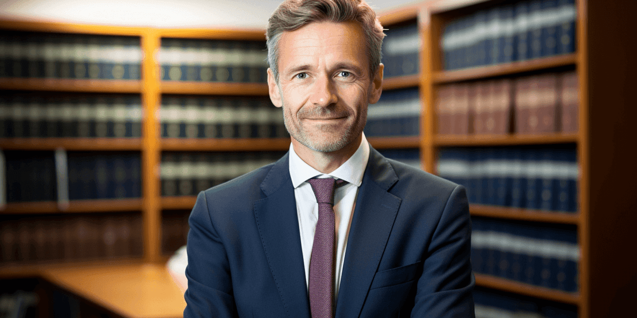 An experienced family lawyer posing to camera at his office.