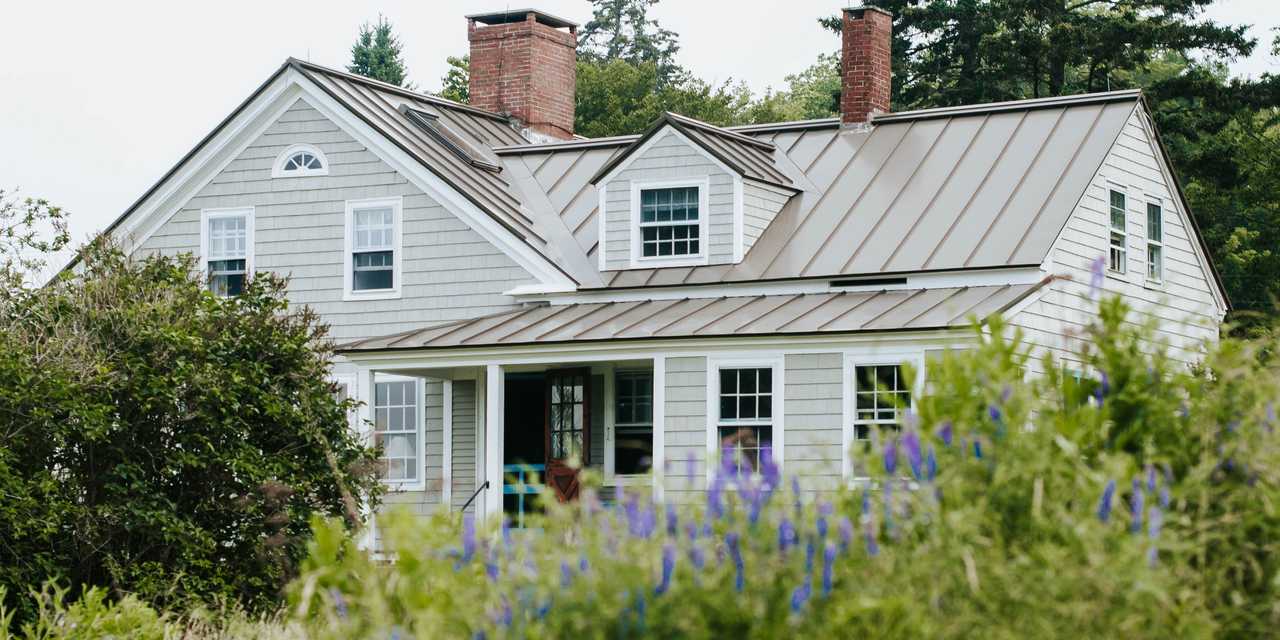 Vitt hus med lummig trädgård