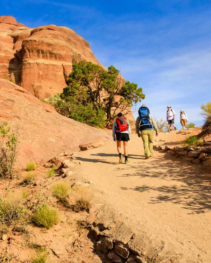 Fire mennesker går udenfor. Bjerget kan ses i baggrunden.