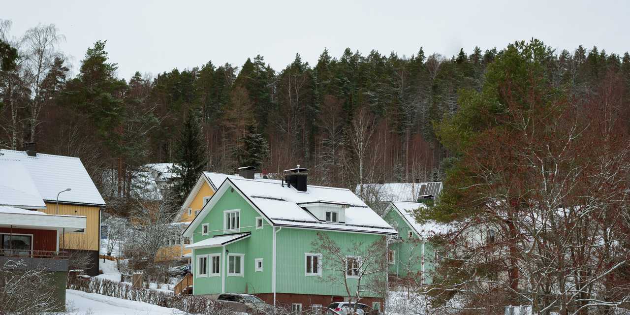 omakotitaloja lumisessa maisemassa. 
