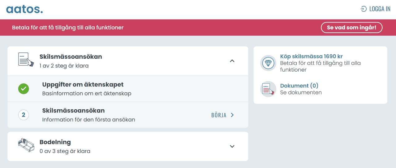 Screenshot Aatos skilsmässotjänst översikt