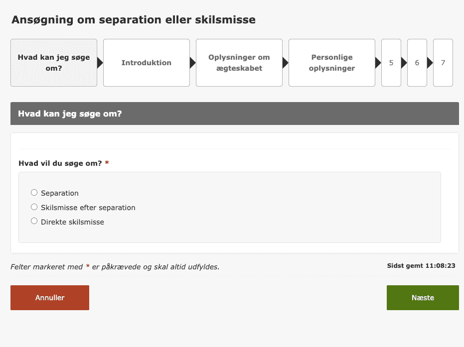 Ansøgning om separation eller skilsmisse